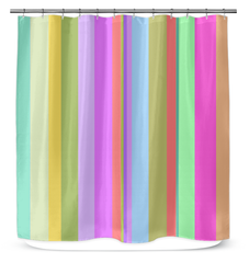 Rainbow Dreams Stripe Shower Curtain in a bathroom, showcasing bright, lively stripes.