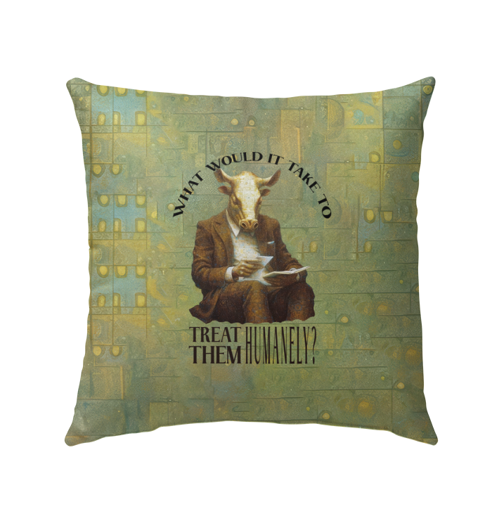 Art-inspired outdoor pillow featuring a scholarly buffalo.