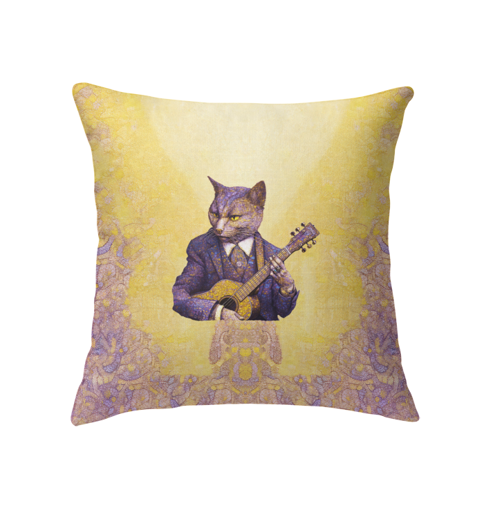 Cat surfing on a beach-themed indoor pillow.