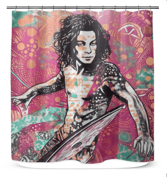 Surfing 5 07 Shower Curtain with vibrant beach and surfboard print for a stylish bathroom.