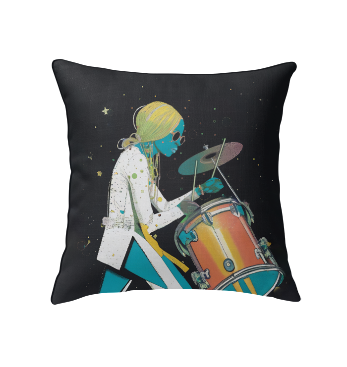 Stylish Rhythmic Resonances pillow adding comfort to an armchair.