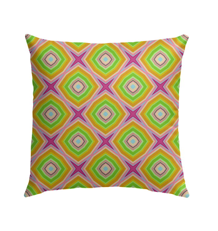 Decorative outdoor pillow with leaf pattern on patio chair