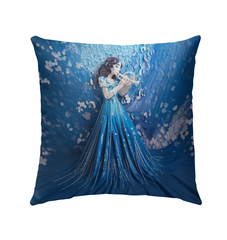 Outdoor pillow with elegant peacock tail design.