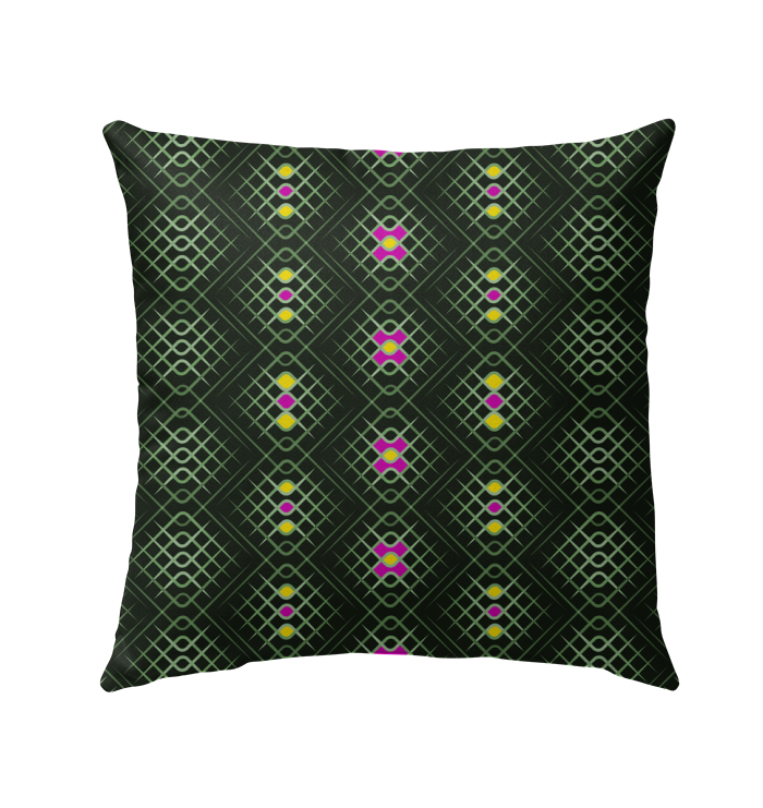 Vibrant Sunburst Pattern Outdoor Pillow on Garden Bench