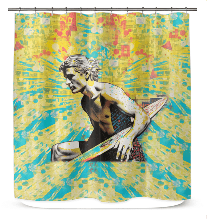 Surfing 1 30 Shower Curtain in a bathroom, showcasing its bright and bold surf design for an energetic and stylish shower environment.