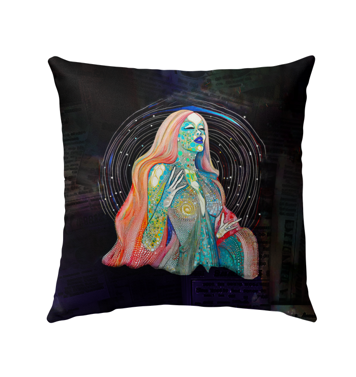 Vibrant Enchanted Garden Outdoor Pillow on a patio chair.