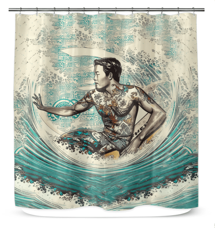 Surfing 1 36 Shower Curtain in a bathroom, showcasing vibrant surf imagery for a fun and refreshing shower environment.