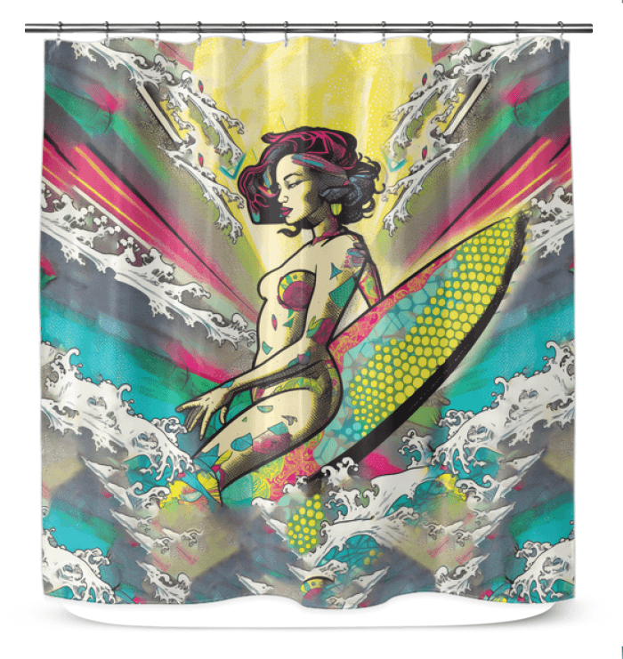 Surfing 1 50 Shower Curtain displayed in a bathroom, showcasing its vibrant surf imagery for a stylish and refreshing shower environment.