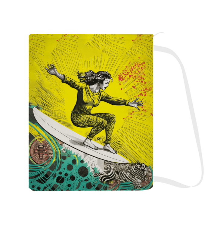 Empty Surfing 1 10 Laundry Bag standing in a room, highlighting its striking surf-inspired graphics that bring a fun twist to laundry storage.