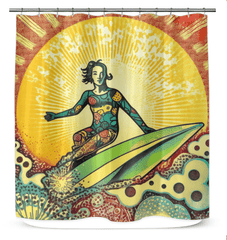 Detail of Surfing 1 14 Shower Curtain, showcasing its quality material and colorful surf-themed graphics, perfect for a stylish and spirited bathroom décor.