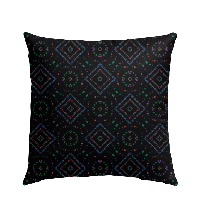 Elegant outdoor pillow with Echoes of Elegance design on a garden bench.