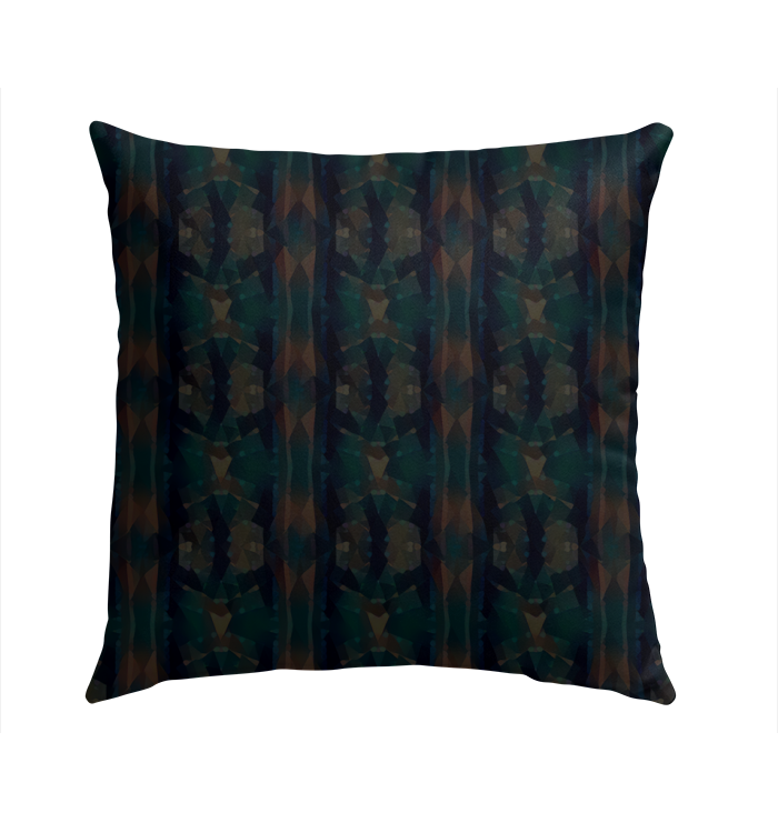 Colorful outdoor pillow with Vibrant Harmonies design on a garden bench.