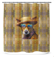 Stylish pet-themed bathroom curtain with a paw and bone design.