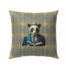 Playful Panda Outdoor Pillow on patio furniture