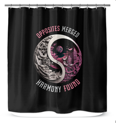 Harmonious floral Ying Yang pattern on shower curtain.