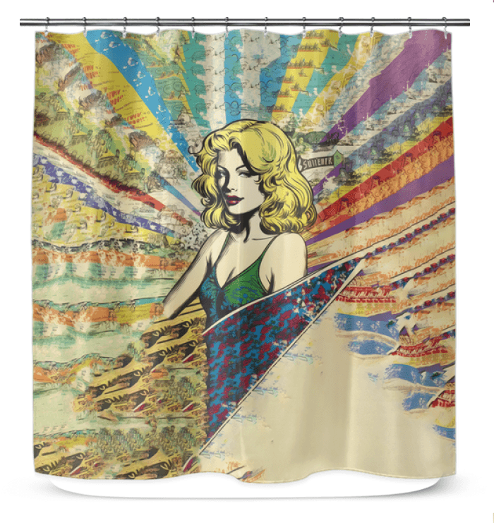 Surfing 1 22 Shower Curtain displayed in a bathroom, showcasing its dynamic surf design for an immersive, beach-like shower experience.