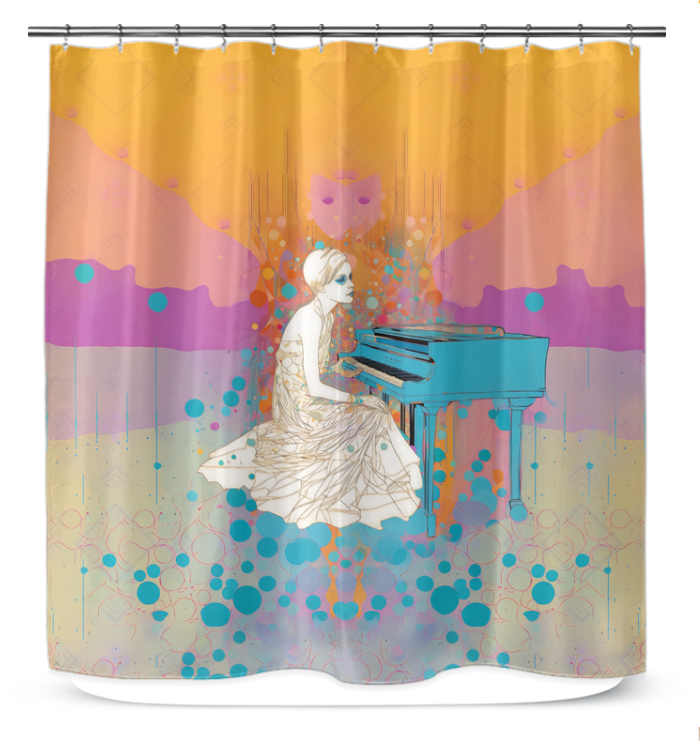 Elegant bathroom with the Lotus Lagoon Shower Curtain featuring lotus flowers and a calming lagoon design.