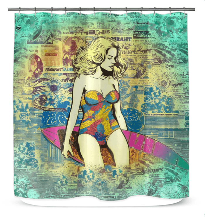 Surfing 1 23 Shower Curtain transforming a bathroom space with its vibrant surf scene, creating a lively bathing atmosphere.