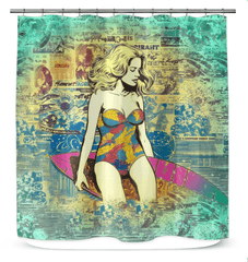 Surfing 1 23 Shower Curtain transforming a bathroom space with its vibrant surf scene, creating a lively bathing atmosphere.