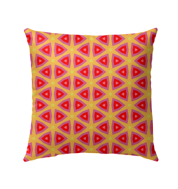 Geometric pattern outdoor pillow on garden bench