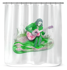 Colorful papercut art shower curtain adding a unique flair to bathroom decor.