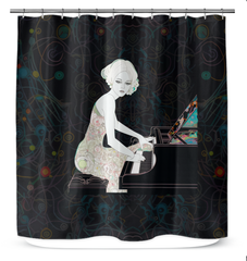 Whispering Wildflower Shower Curtain hanging in a bright bathroom, showcasing its elegant floral design.