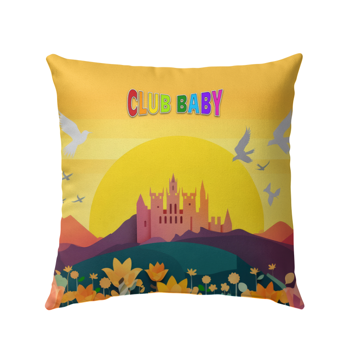 Pixie Dust Garden Outdoor Pillow on patio seating.


