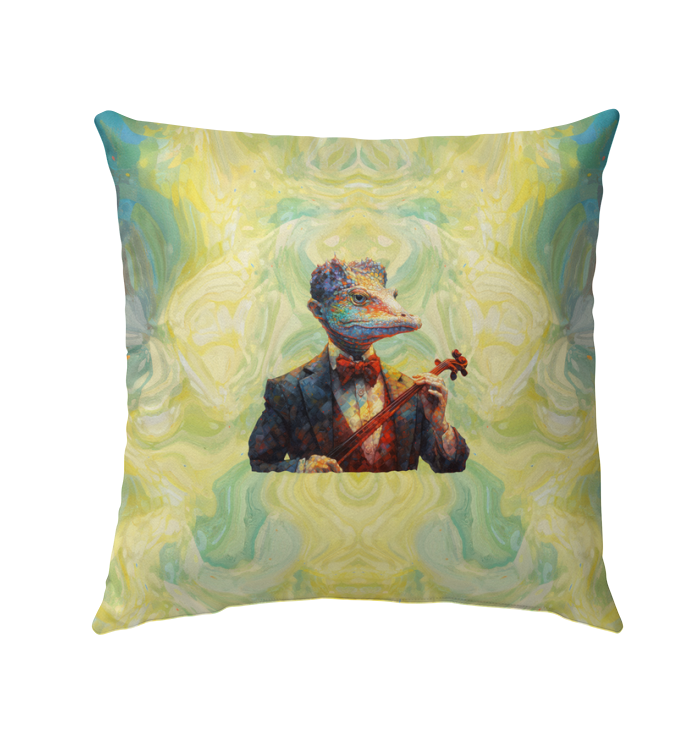 Outdoor pillow featuring a squirrel dressed as a detective.