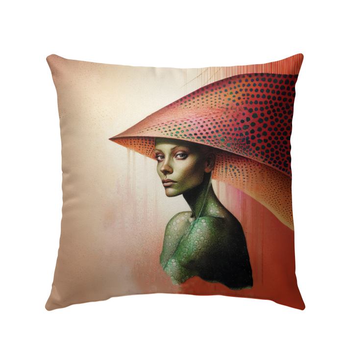 Modern canvas pillow displayed on outdoor patio furniture