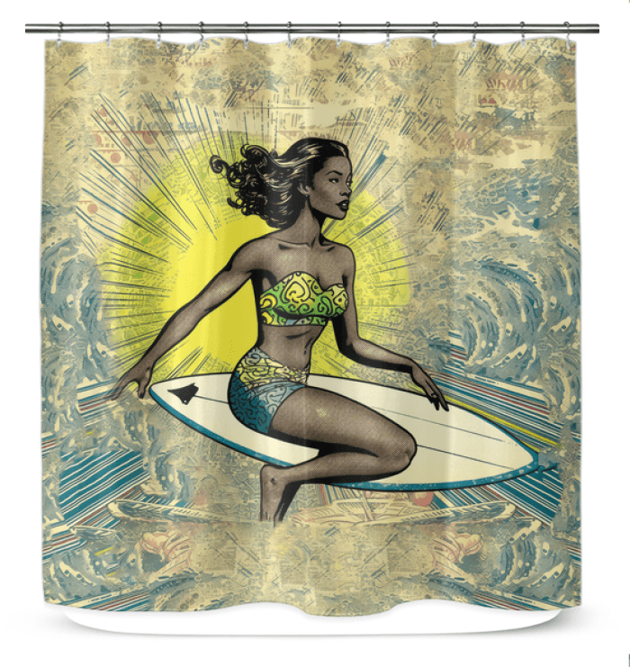 Surfing 1 16 Shower Curtain hanging in a bathroom, showcasing its vivid surf design for a lively and stylish seaside ambiance.