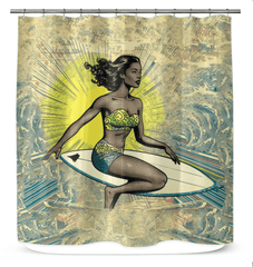 Surfing 1 16 Shower Curtain hanging in a bathroom, showcasing its vivid surf design for a lively and stylish seaside ambiance.