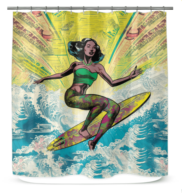 Surfing 1 17 Shower Curtain enhancing a bathroom with its striking surf design, offering a refreshing shower experience.