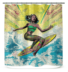 Surfing 1 17 Shower Curtain enhancing a bathroom with its striking surf design, offering a refreshing shower experience.