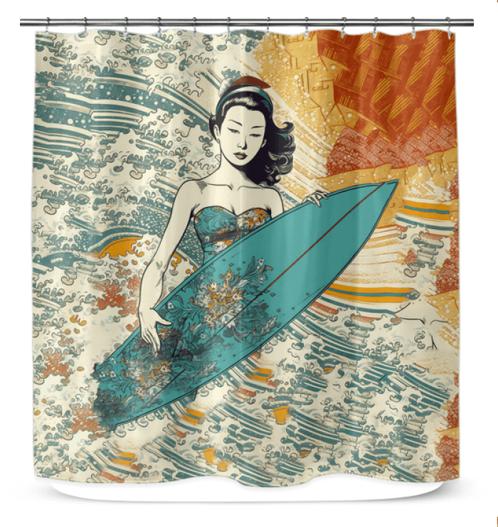 Surfing 1 39 Shower Curtain adorning a bathroom, with its eye-catching surf design creating a vibrant, coastal-inspired shower experience.