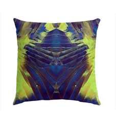 Vibrant outdoor pillow with artistic crescendo design on a garden bench.