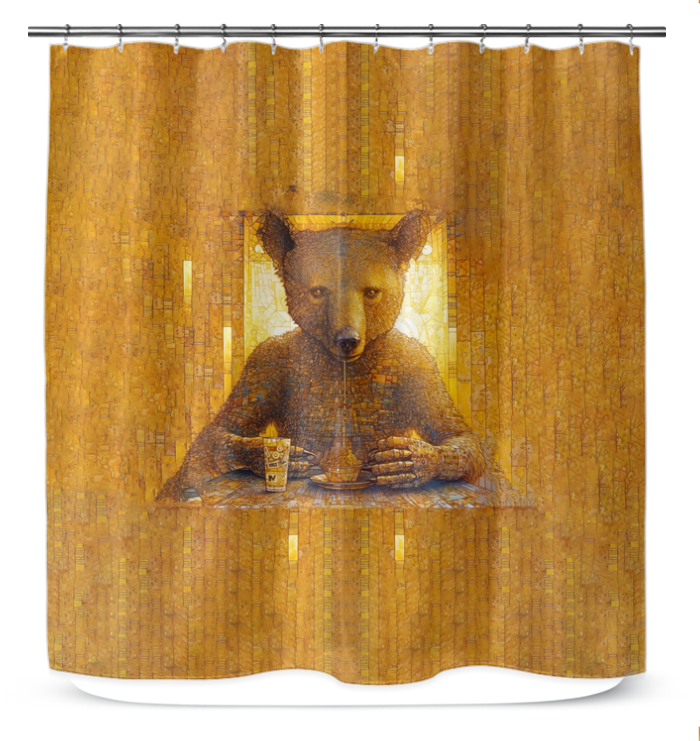 Nature-inspired shower curtain featuring a guardian bear design