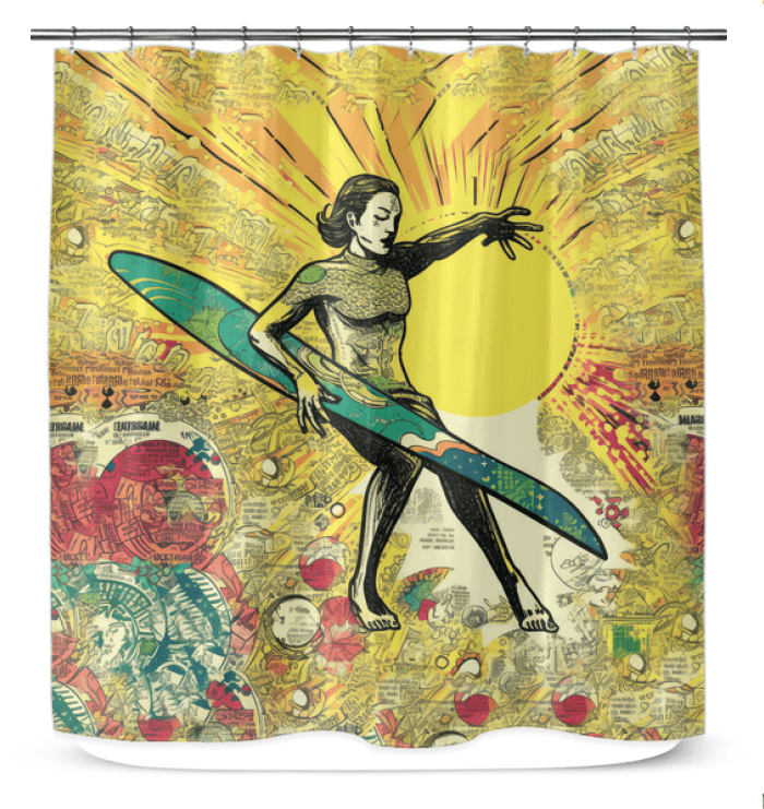 Surfing 1 11 Shower Curtain in a bathroom, showcasing its striking surf theme for an invigorating start to the day.