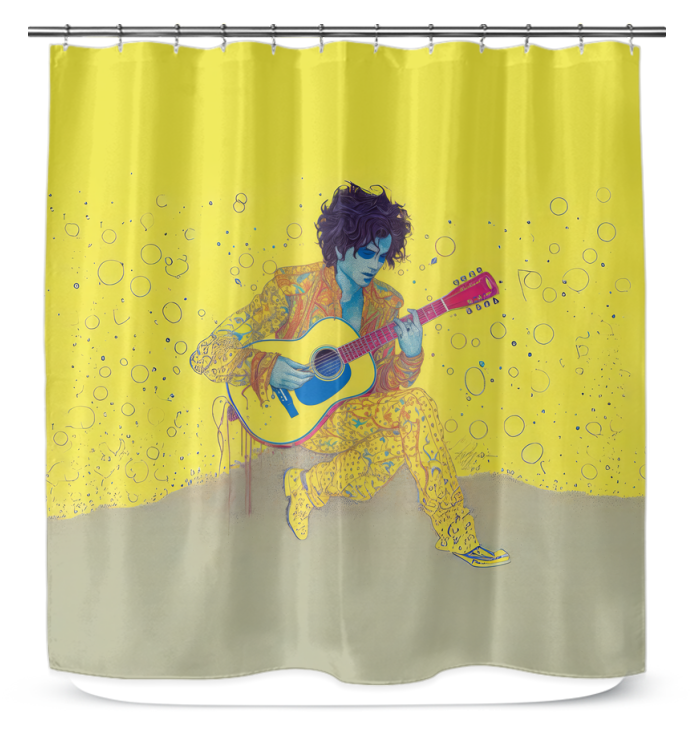 Water-resistant Sunflower Serenade Curtain adding a splash of color to bathroom decor.