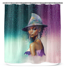 Ethereal Glow Beyond Style Shower Curtain hanging in bathroom.