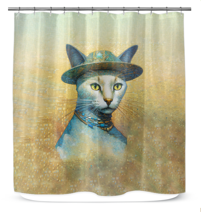 Stylish bathroom decor with Fancy Feline Friend cat-themed curtain.