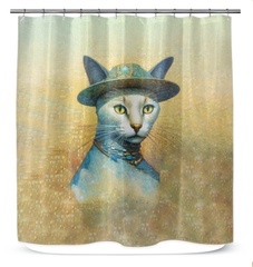 Stylish bathroom decor with Fancy Feline Friend cat-themed curtain.