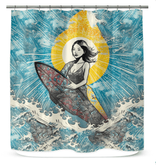 Surfing 1 40 Shower Curtain in a bathroom setup, showcasing vibrant surf board designs for a lively and stylish bathing space.