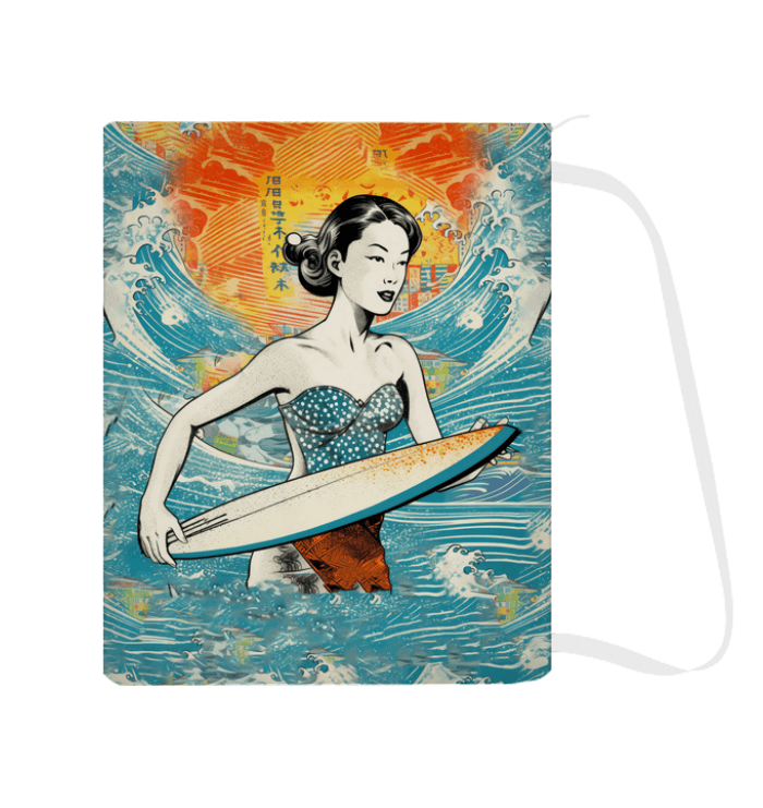 The Surfing 1 41 Laundry Bag standing in a stylish room, featuring eye-catching surf graphics, adding a splash of adventure and functionality to your home.