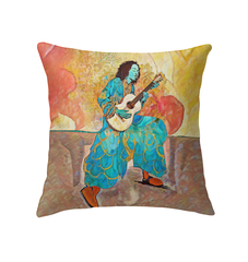 Floral Fusion Space Indoor Pillow on a sofa, featuring vibrant floral design.