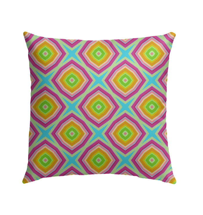 Vibrant geometric design pillow for patio and garden seating.
