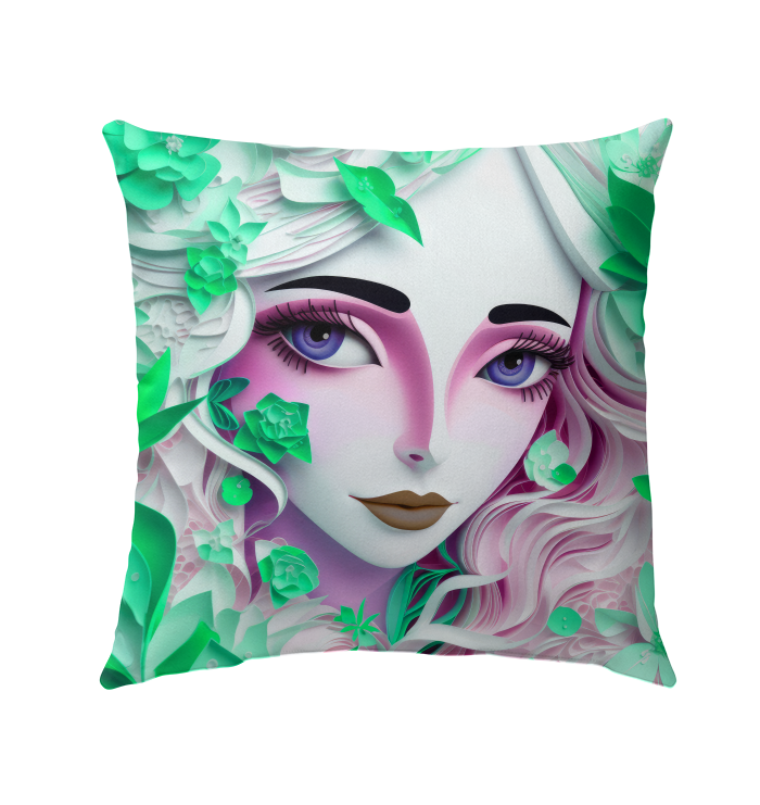 Vibrant Blossom Breeze pillow on outdoor garden bench