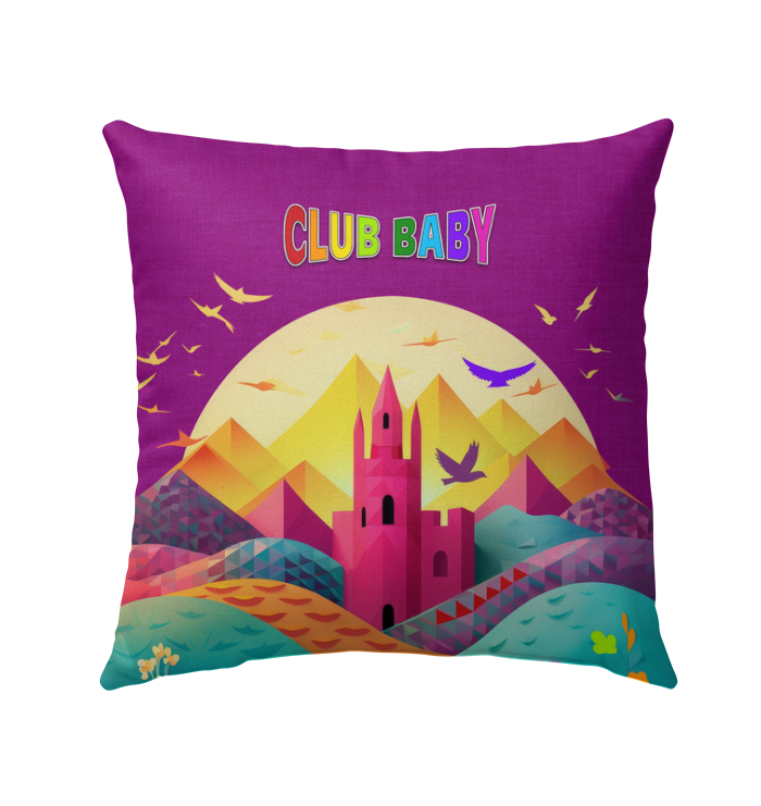 Rainbow Kingdom Bliss Outdoor Pillow on a patio chair.