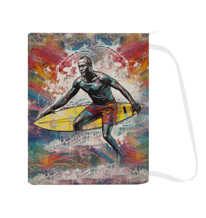 The Surfing 1 47 Laundry Bag in a room, highlighting its eye-catching surf graphics, adding a functional yet aesthetically pleasing element to your decor.