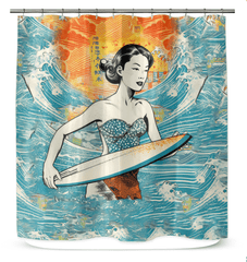 Surfing 1 41 Shower Curtain in a bathroom, showcasing vibrant surf imagery for a lively and refreshing bathing experience