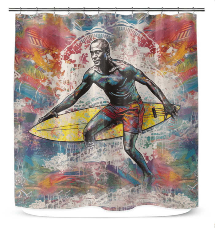 Surfing 1 47 Shower Curtain displayed in a bathroom, adding a vibrant surf theme for a fun and stylish shower environment.